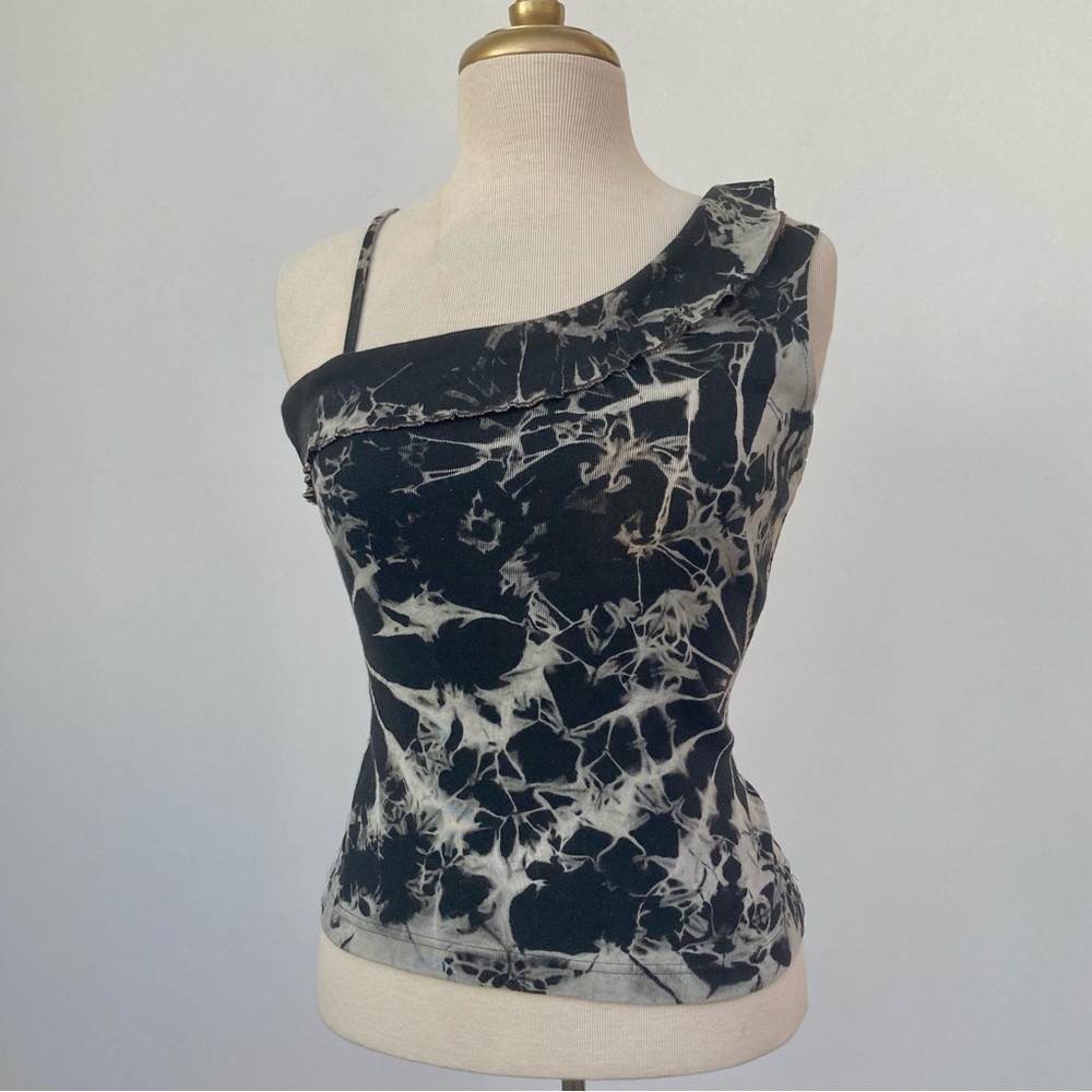 Vintage 90 “Porn Phant” bleach tie-dye asymmetrical ruffle top